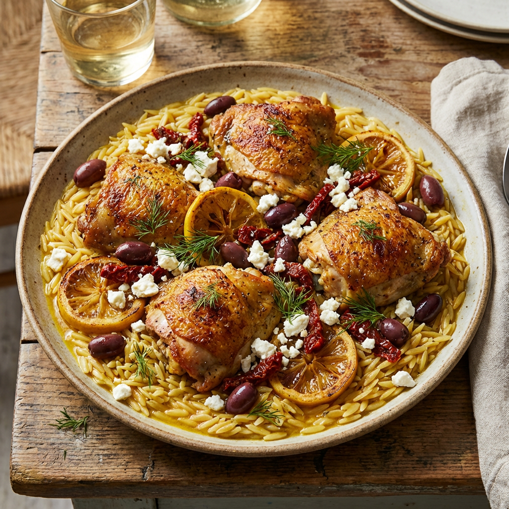 Overhead view of a rustic dining table with colorful Mediterranean dishes